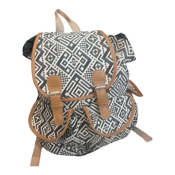 Emma & Chloe Boho Aztec Print Canvas Backpack Rucksack Black White - Picture 2 of 9